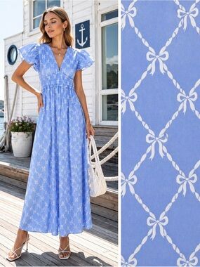 Sail to Sable Blue Hydrangea Bow Print Flutter Sleeve Vneck Maxi Dress XS NWT